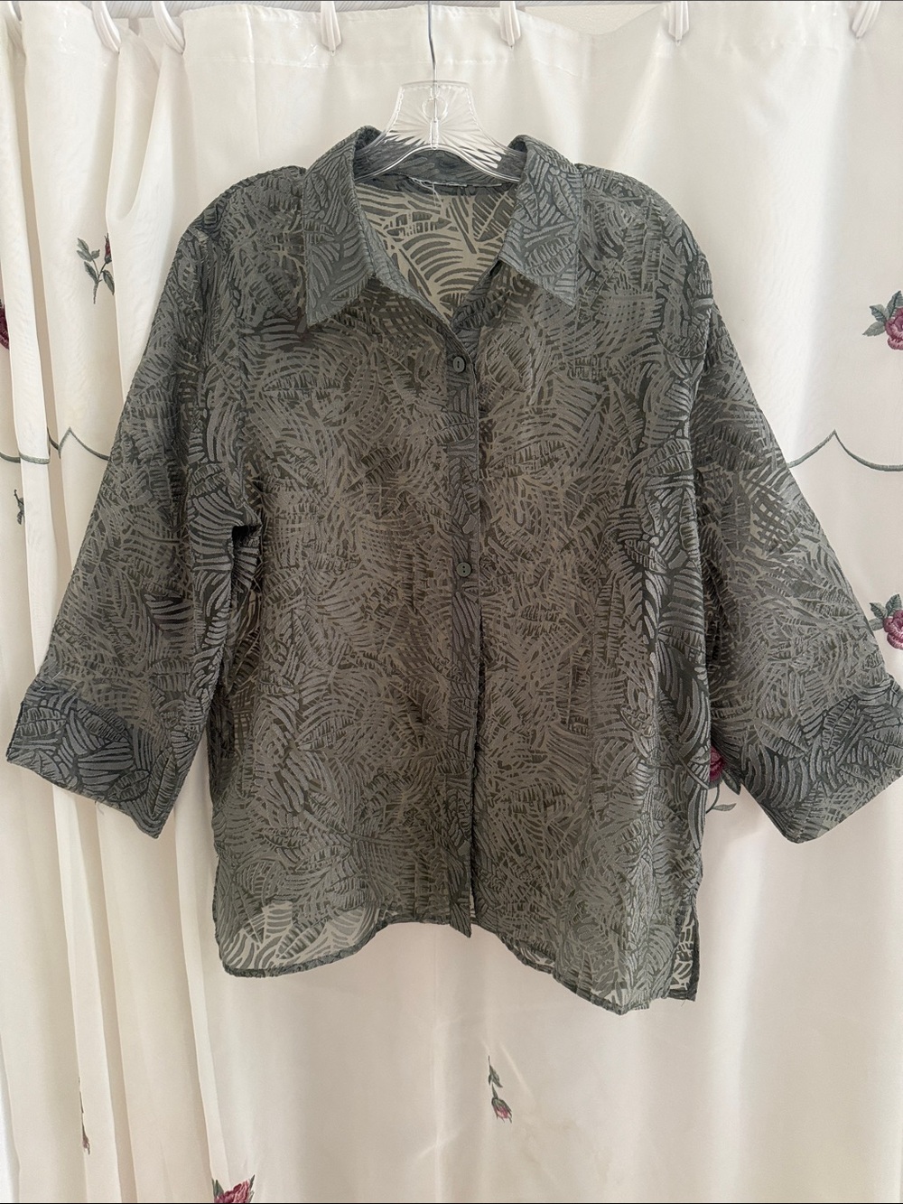 Sage Green Sheer Button-Front Leafprint Blouse, 3/4 Length Notched Sleeves